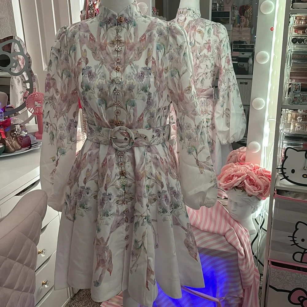 Women's Floral Print Dress Stand Collar Long Sleeve and floral Belt. - Picture 6 of 7
